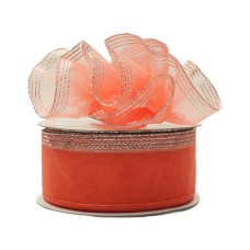 1.5 Inch Coral Organza Pull Bow Ribbon With 4 Rows of Silver Stripe Accents, 25 Yards (Lot of 1 Spool) SALE ITEM